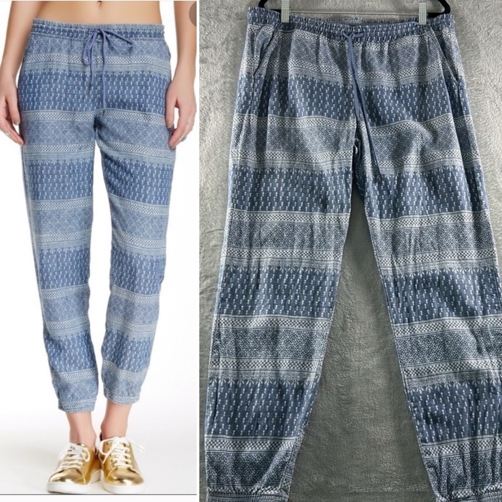 ANTHROPOLOGIE LEVEL 99 Printed Chambray Joggers Blue Size Small Linen Tencel